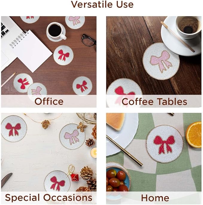 Folkulture Beaded Coasters for Drinks | Set of 4 (4") Round Decorative Bar Coasters for Table Décorations or Coffee Table | Cute Boho Coaster Gifts for her Set of 4