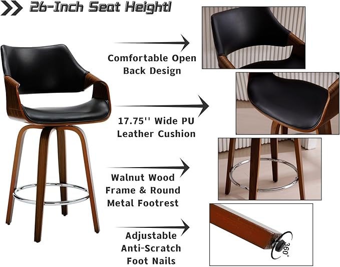 26’’ Modern Barrel Swivel Counter Stools Counter Height Swivel Bar Stools with Backs Set of 2 Black Faux Leather Upholstered Bar Height Island Chairs, Farmhouse Walnut Wood Barstool for Kitchen Island