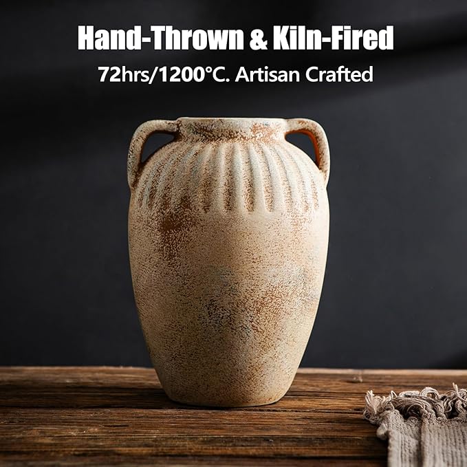 8.3 Inch Tall Large Ceramic Rustic Flower Vase for Home Office Decor, Boho Farmhouse Living Room Coffee Table Kitchen Bedroom Bathroom Wall Decor Aesthetic, Vintage House Shelf Decor -Beige