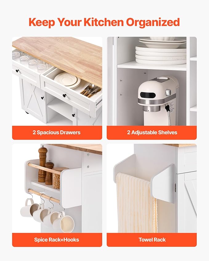 VEVOR Kitchen Island Cart, with Solid Wood Top and Storage Cabinet, Mobile Rolling Table with Drop Leaf, Drawers, Spice Towel Rack, Portable Islands on Swivel Wheels for Dining Room, 52in Width, White