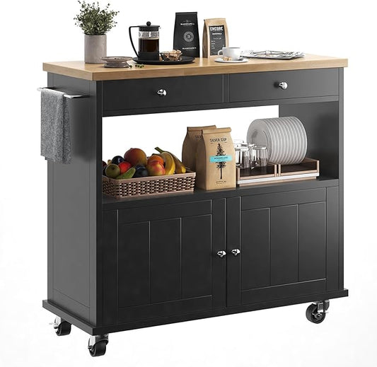 Rolling Kitchen Island with Storage Cabinet, 35.4'' Width Kitchen Cart, 2 Drawers Island Table, Portable Mobile Kitchen Island with Towel Rack, Wood Top and Lockable Wheels, Black