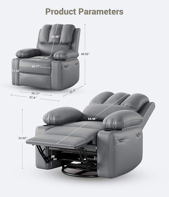 27" Oversized Power Recliner Chair, Faux Leather Rocking Chair with Heat & Massage, 360° Swivel Modern Electric Recliner with Cup Holder ＆ USB Charging for Living Room, Bedroom, Nursery - Grey