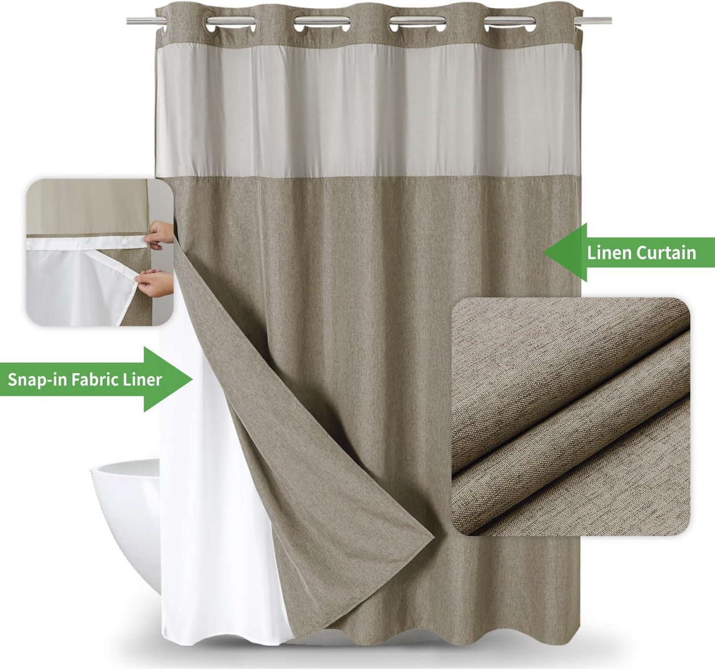 No Hooks Needed Linen Textured Shower Curtain with Snap-in Fabric Liner Set,Hotel Luxury Decor Shower Curtains for Bathroom with Mesh Top Window,Waterproof & Washable,71Wx74H,Khaki/Tan