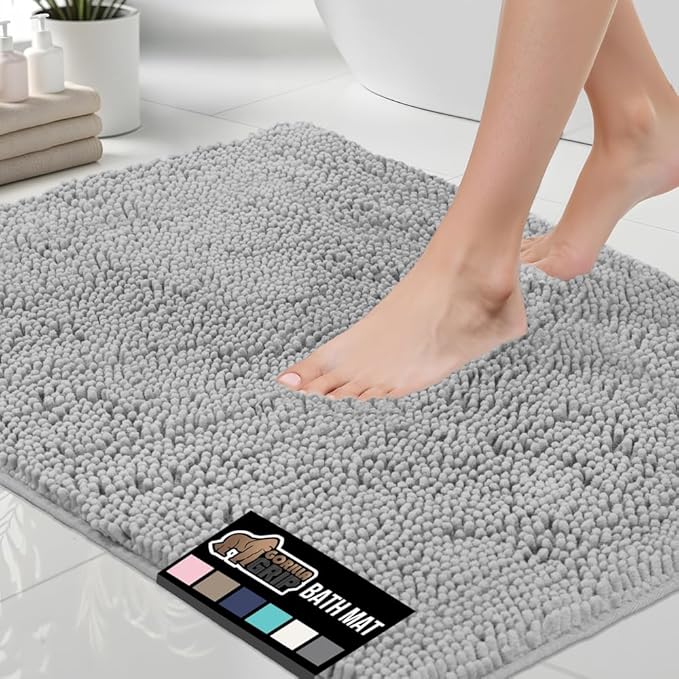 GORILLA GRIP Bath Rug Mat, Soft Absorbent Chenille, Quick Dry Microfiber Mats, Rubber Backing Washable Shower Floor Rugs, Bathmat Runner, US Designed Bathroom Home Decor Accessories 24x17 Light Gray