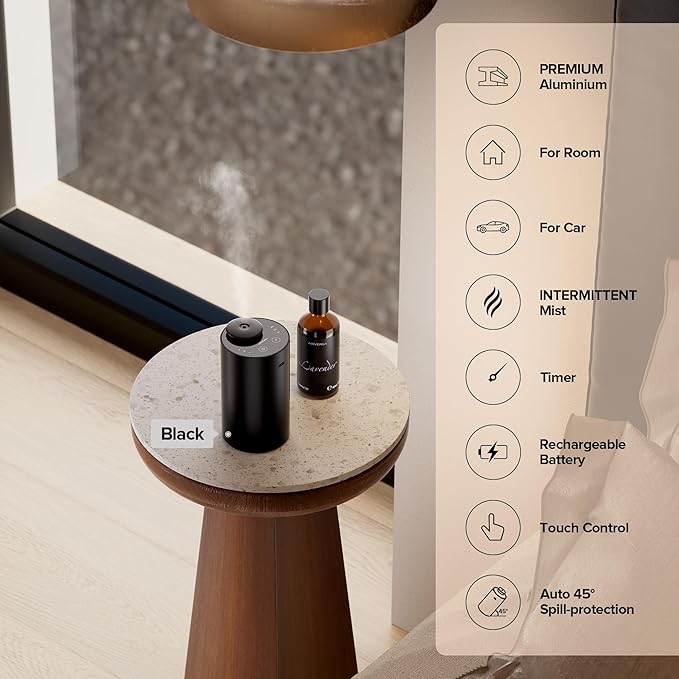 Waterless Essential Oil Diffuser for Home Aromatherapy Scent Diffusers with 3 Countdown Timer Settings or Timer-Off, 3 Mist Levels for Car Room Studio Office, ANX Premium Metal Desert Titanium