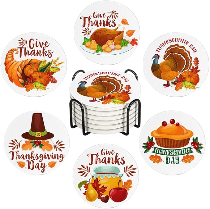 Thanksgiving Day Drink Absorbent Coasters with Holder Set of 6, Ceramic Stone with Cork Base, Turkey and Pumpkin Coaster for Drinks, Gift for Housewarming Room Bar Home Decor Kitchen