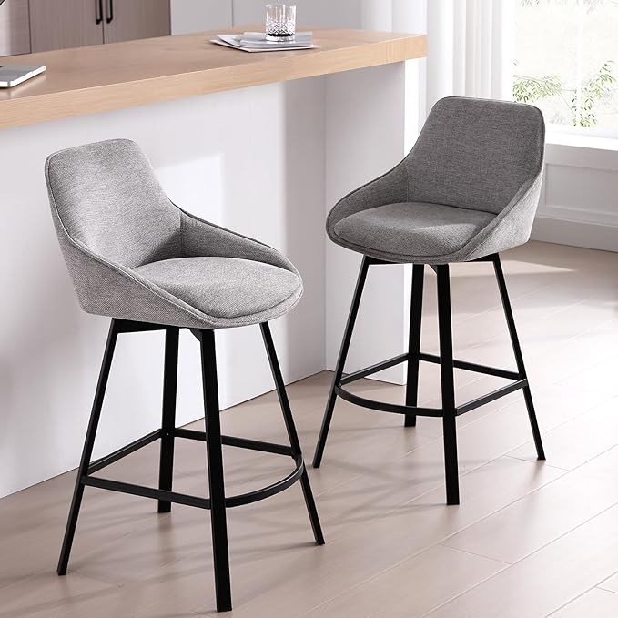 Zesthouse Swivel Bar Stools Set of 2, Modern Counter Height Barstools with Backs, 26'' Upholstered Linen Fabric High Chairs for Island Kitchen, Counter Height Chairs with Metal Legs, Grey