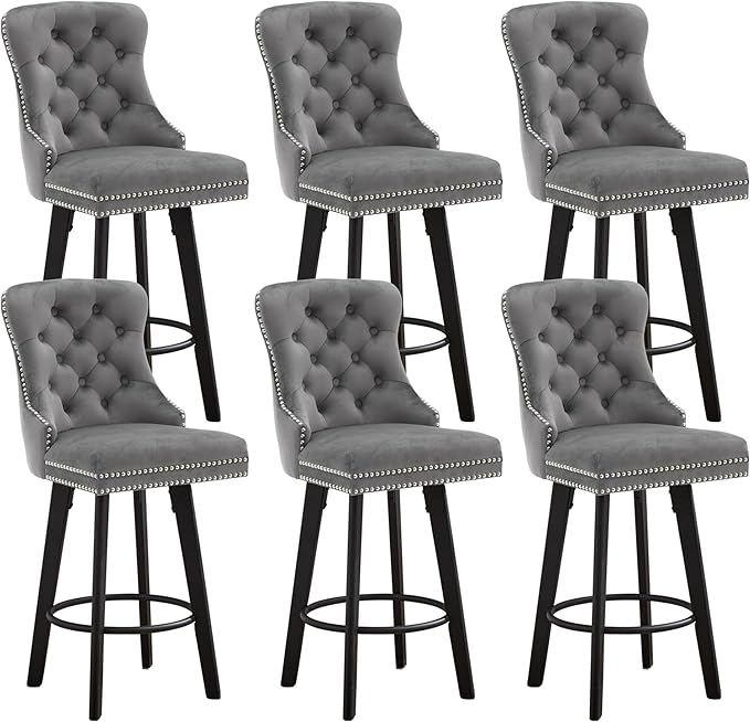 YISHENG Modern Swivel 27" H Seat Set of 6 Velvet Barstools with Backrest and Footrest,Button Tufted Rivet Trim Dining Room Chairs with Metal Pull Ring for Kitchen Island，Bistro, Home Bar，Gray
