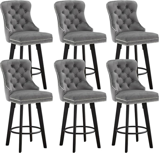 YISHENG Modern Swivel 27" H Seat Set of 6 Velvet Barstools with Backrest and Footrest,Button Tufted Rivet Trim Dining Room Chairs with Metal Pull Ring for Kitchen Island，Bistro, Home Bar，Gray