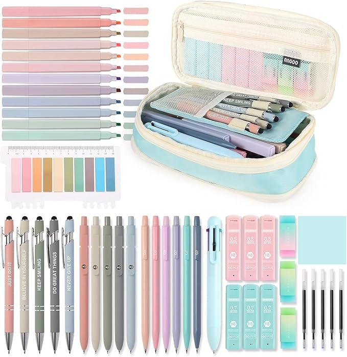 56 PCS Aesthetic School Supplies Cute Stationary Set with Large Pencil Case, Inspirational Ballpoint Pens, Highlighters, Black Ink Gel Pens,Mechanical Pencils 0.5-0.7mm, Student Essentials (Blue)