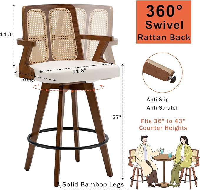 Set of 1 Mid Century Modern Counter Stool - 27 inch Swivel Rattan bar stool with Cane Back, Walnut Craftsmanship, Upholstered Faux Leather, Ideal for Counter/Kitchen/Bar/ Island (Walnut Beige)
