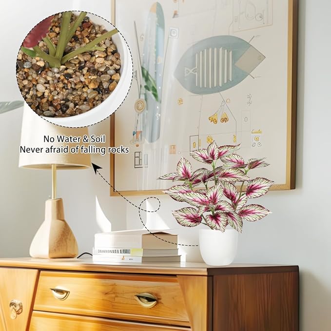 Artificial Plants Indoor 14.2" Small Fake Perilla Plant in Pot Potted Plants Artificial Decor Faux House Plant with White Pot for Farmhouse Home Office Bathroom Living Room Table Shelf Decor