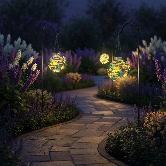 2 Pack Hummingbird Solar Lights Outdoor Hanging Lantern with Handle, Solar Powered Hummingbird Garden Decor for Outside Patio Yard Porch Pathway Butterfly Gifts for Women (Warm White LED Lights)