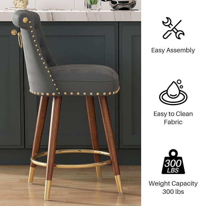 24" Counter Height Bar Stools Set of 4, Swivel Counter Stools with Back, Upholstered Velvet Stools for Kitchen Counter with Wood Legs, Fabric in Gray