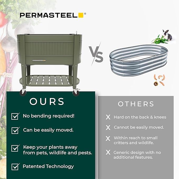 Permasteel Raised Garden Bed with Legs, 40×20×37 in, Planter Box with EnGrow™ TrueSoil™ Technology for Vegetables, Flowers, Herbs, and Fruit, Outdoor Indoor, Storage Shelf, Green