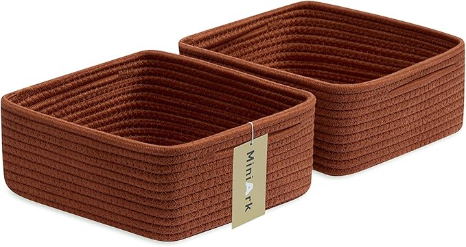 Small Square Shallow Baskets for Organizing, 9.7x9.7x4.3 Inch Rope Woven Storage Bins for Cubes Closet, Shelves Storage, Boho Decorative Basket, 2 Packs Oxide Red
