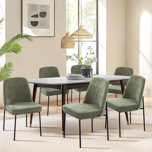 COLAMY Modern Dining Chairs Set of 6, Fabric Upholstered Dining Room Chairs Dinner Chair Stylish Kitchen Chairs with Curved Back and Metal Legs, Green