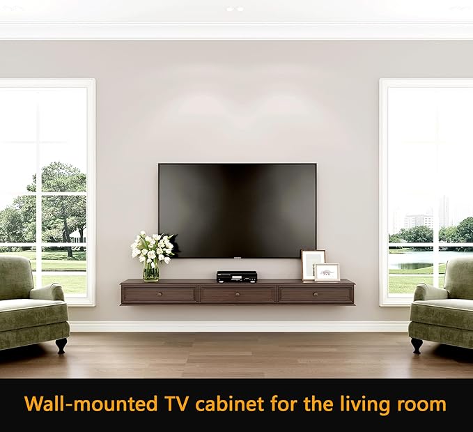 70-inch Wall-Mounted TV Stand, Accommodates 50- to 75-inch TVs, Features Hidden Cable Management, high Weight Capacity, and Space-Saving Walnut Floating TV Stand