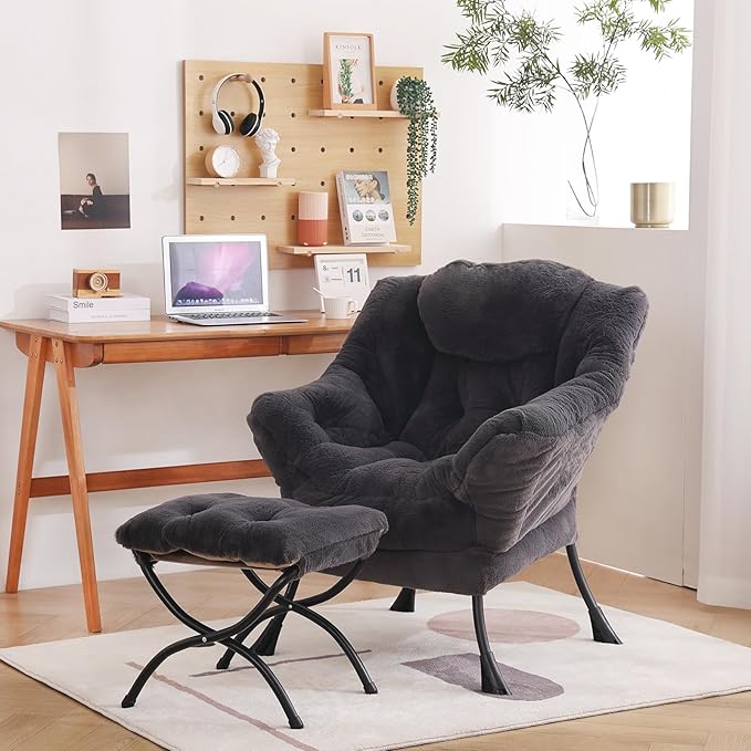 Welnow Lazy Chair with Ottoman, Modern Lounge Accent Chair with Armrests and a Side Pocket, Leisure Sofa Armchair, Reading Armchair with Footrest for Small Space, Plush Navy