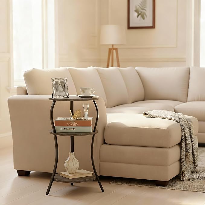 Vintage Small Round Side Table, 3-Tier Slim Waist Circular End Table with Storage Shelf, Compact Tea Sofa Side Table, Round Corner Coffee Table Nightstand for Living Room Bedroom Small Spaces,Grey