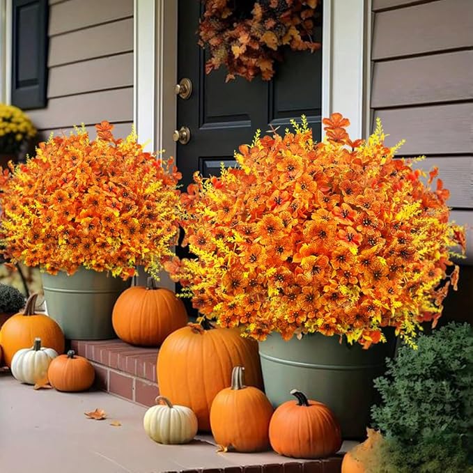 Artificial Faux Fall Mums Flowers Outdoor Decoration,16 Bundles Fake Silk Colorful Daisy Eucalyptus Realistic UV Resistant Plants for Outside Home Planter Porch Patio Yard Decor