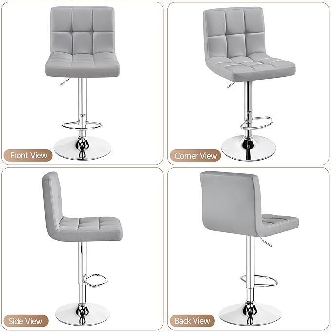 Yaheetech Bar Stools, PU Leather Adjustable Barstools, Modern Counter Stools with Back and Footrest, Counter Height Barstools for Bar, Kitchen, Dining Room, Light Gray