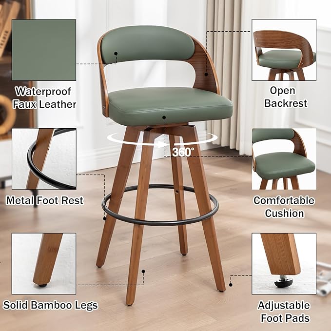 Barstools Set of 2,Bar Height Bar Stools for Kitchen Island,30.3 Inch Modern Upholstered Bar Chair, Swivel Bar Stools with Back and Wood Legs(Green-PU)