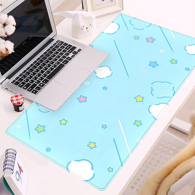 Kawaii Pastel Blue Star Grid Desk Pad, Large Gaming Mousepad & Keyboard Mat, XXL Office Desk Decor for Women, 31.5"x15.75"