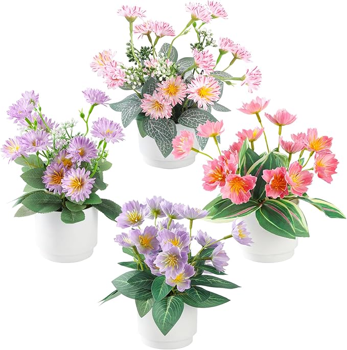 4-Piece Silk Fake Flowers Set | Artificial Plants Indoor for Living Room, Bedroom, Bathroom & Office Decor | Low Maintenance Fake Plants | Boho Style Plants Decor, Home & Bedroom Décor