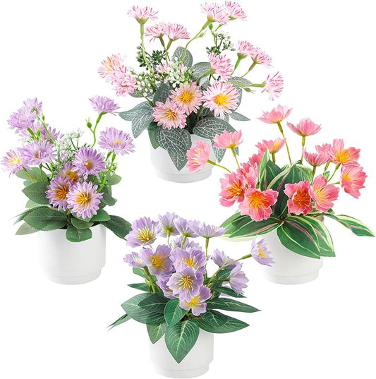 4-Piece Silk Fake Flowers Set | Artificial Plants Indoor for Living Room, Bedroom, Bathroom & Office Decor | Low Maintenance Fake Plants | Boho Style Plants Decor, Home & Bedroom Décor