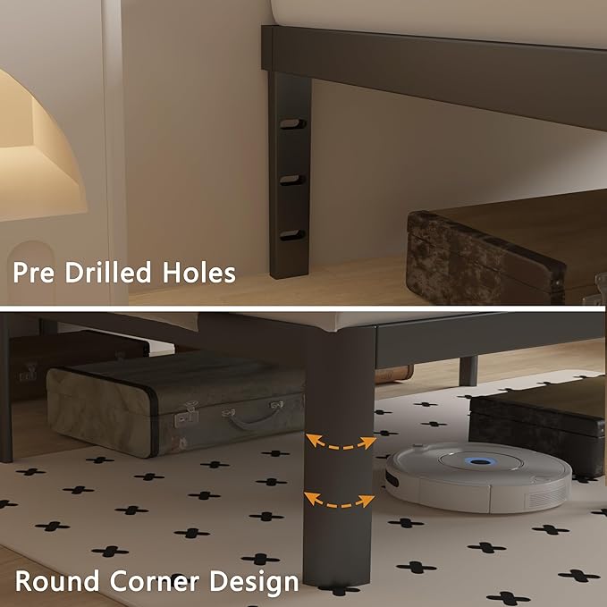 King Size Bed Frame 16 Inch Black, Metal King Bed Frame with Baffles, No Box Spring Needed, Heavy Duty Steel Platform Support, Round Corner Design, Reserved Holes, Noiseless, Easy Assembly