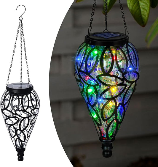 Solar Hanging Lantern Outdoor Lights, Tear-Shaped 15 LEDs Multi-Color Hanging Lights with S Hooks Decor in Garden, Yard, Pathway, Front Door and Landscape
