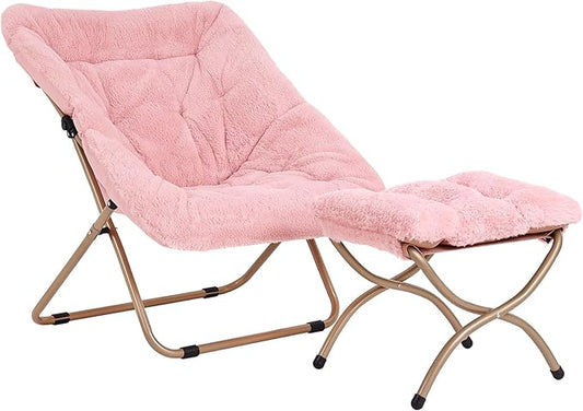 Dorm Chair with Ottoman, X-Large Soft Saucer Chair, Oversized Folding Faux Fur Accent Chair, Foldable Metal Frame Chair for Bedroom, Living Room (Pink)