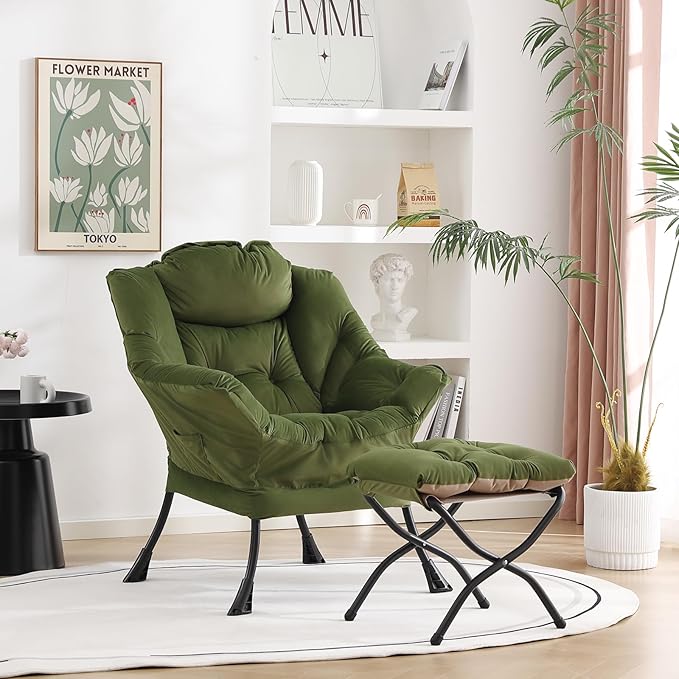Welnow Lazy Chair with Ottoman, Modern Reading Lounge Accent Chair with Armrests and a Side Pocket, Leisure Upholstered Lazy Sofa Set with Footrest for Small Space, Army Green