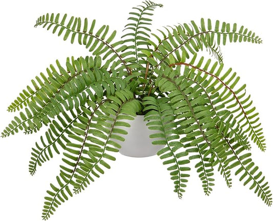 Hollyone Artificial Fern Potted Plant for Outdoors Indoors Lifelike Faux Boston Fern Artificial Plants in White Pot for Garden Patio Home Farmhouse Windowsill Office Decoration