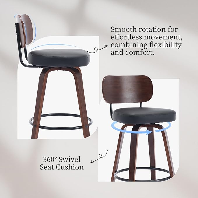Counter Stools Set of 4, 26 inch Swivel Counter Height Bar Stools with Walnut Back,Upholstered PU Leather, Bentwood Legs, Mid Century Modern Bar Chairs for Kitchen Island, Black