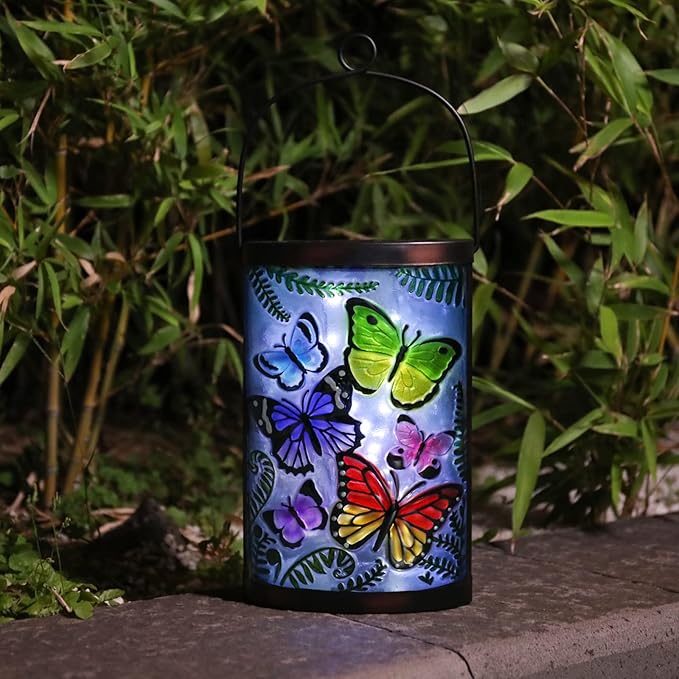 Afirst Hanging Solar Lantern - Decorative Outdoor Glass Solar Butterfly Lights Waterproof Led Tabletop Lamp for Garden Yard Patio Decor