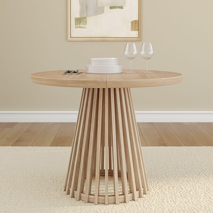Plank+Beam Lido Round Dining Table, 38", Wooden, Pedestal, Minimalist Kitchen Table for 4 for Dining Room, Blonde
