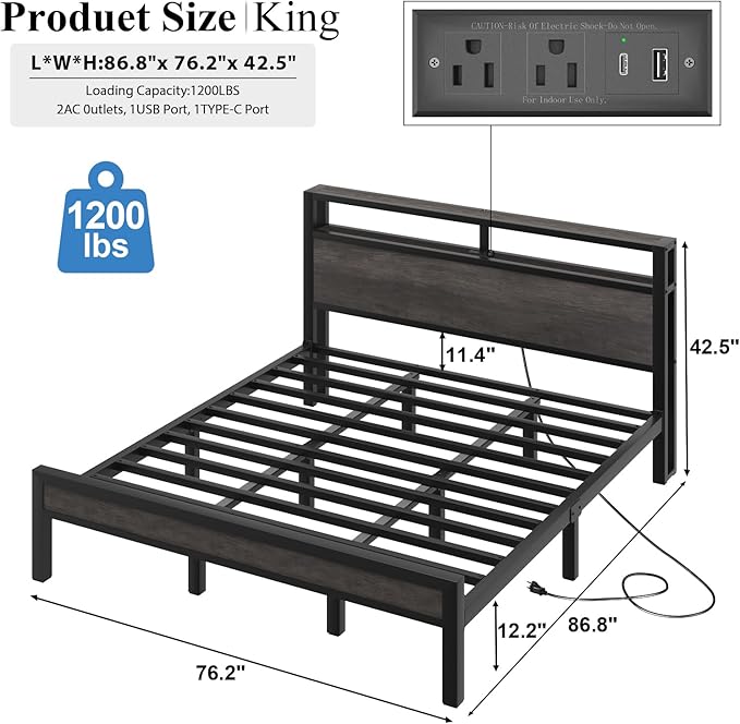 King Size Platform Bed with 2-Tier Storage Headboard, Metal Bed Frame with Charging Station & LED Light, Heavy Duty Metal Slats, No Box Spring Need, Noise Free, Grey