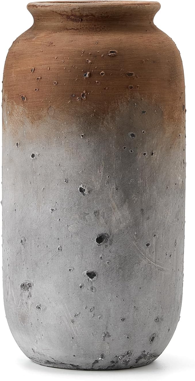 Ceramic Farmhouse Vase for Decor | 11.5 Inch Large Ceramic Rustic Vintage Flower Pottery Vase for Home Countertop, Living Room, Shelf, Centerpiece and Table Deocration, Brown