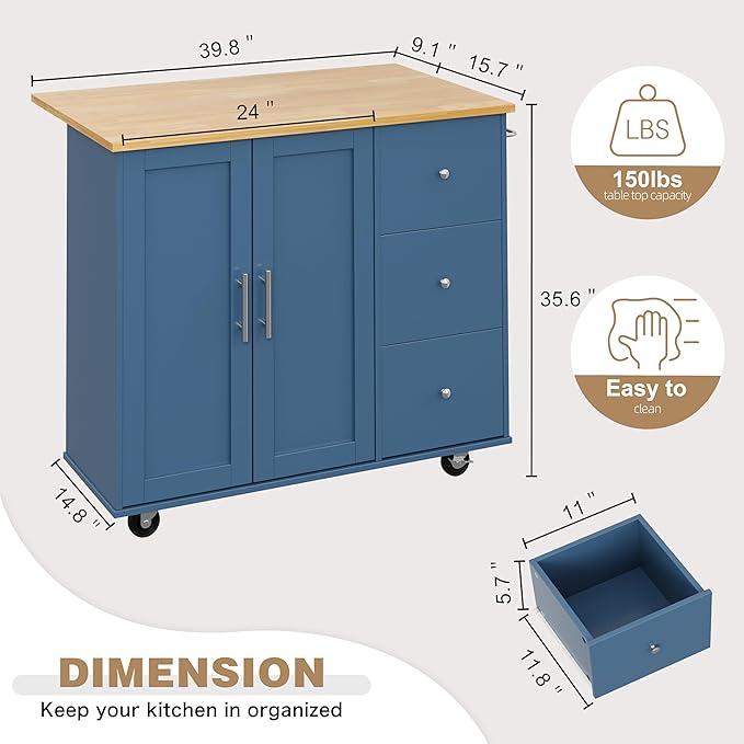 Shintenchi Kitchen Island with Folding Drop Leaf, Rolling Island Table with Storage, Kitchen Cabinet on Wheels with Seating Area for Kitchen, Bar Cart with Cabinet, Blue