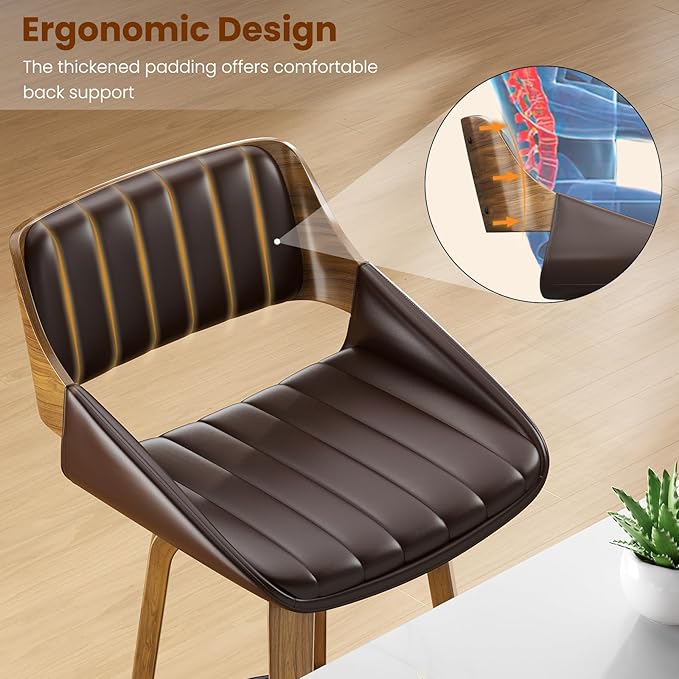 Bar Stools Set of 2, 26" Swivel Counter Height Barstools with Walnut Bentwood Back and Legs, Mid-Century Modern Faux Leather Upholstered Bar Chairs with footrest for Bar, Kitchen Island, café, Brown