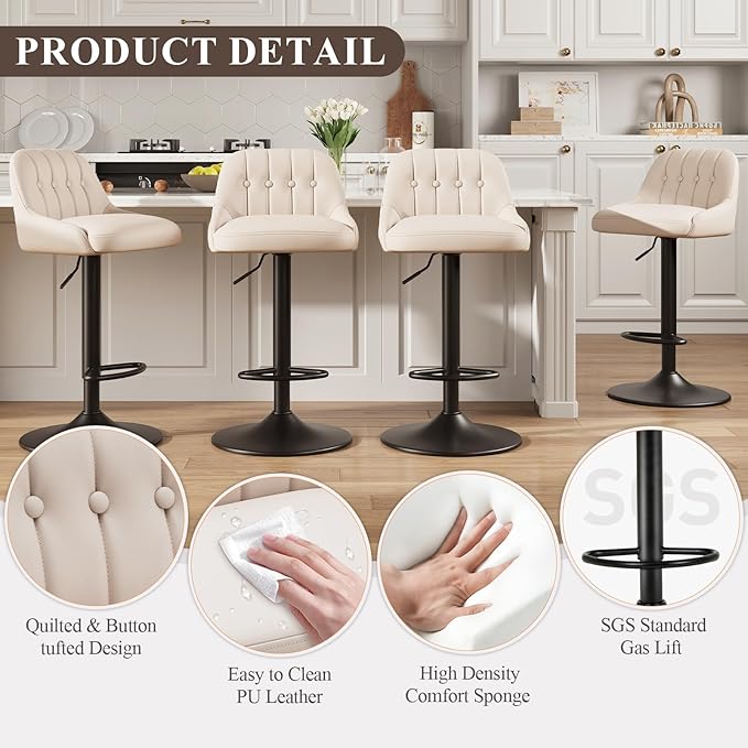 Bar Stools Set of 3, Swivel Bar Chairs, Modern Adjustable PU Leather Upholstered Barstools Counter Height with Tufted Back for Bar, Kitchen Counter Island, Dining Room, Beige