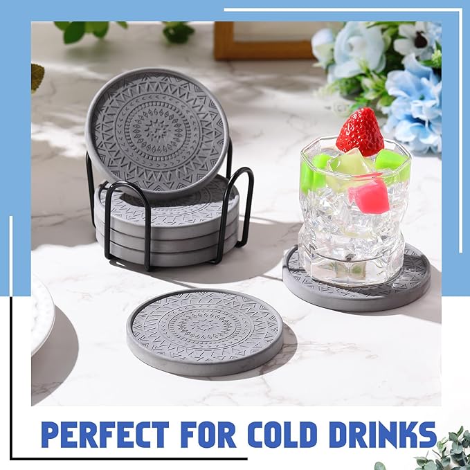 Photect Diatomaceous Earth Coasters Set with Holder Absorbent Stone Drink Coasters Instant Drying Tray for Tabletop Protection Home Decoration Housewarming Gift(Black,6 Pcs)