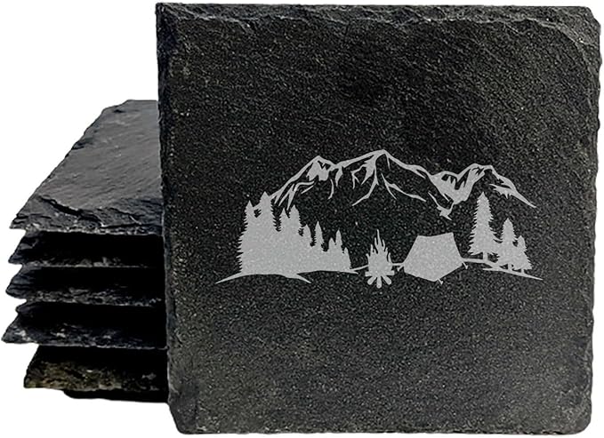 Mountain Majesty Slate Coasters with Stunning Mountain Scene Design - Perfect for Home and Office Decor and Protection of Surfaces, Available in Square or Round Coasters - Square Slate - Set of 4