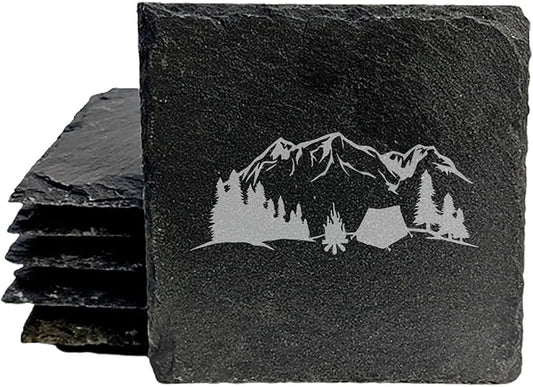 Mountain Majesty Slate Coasters with Stunning Mountain Scene Design - Perfect for Home and Office Decor and Protection of Surfaces, Available in Square or Round Coasters - Square Slate - Set of 4