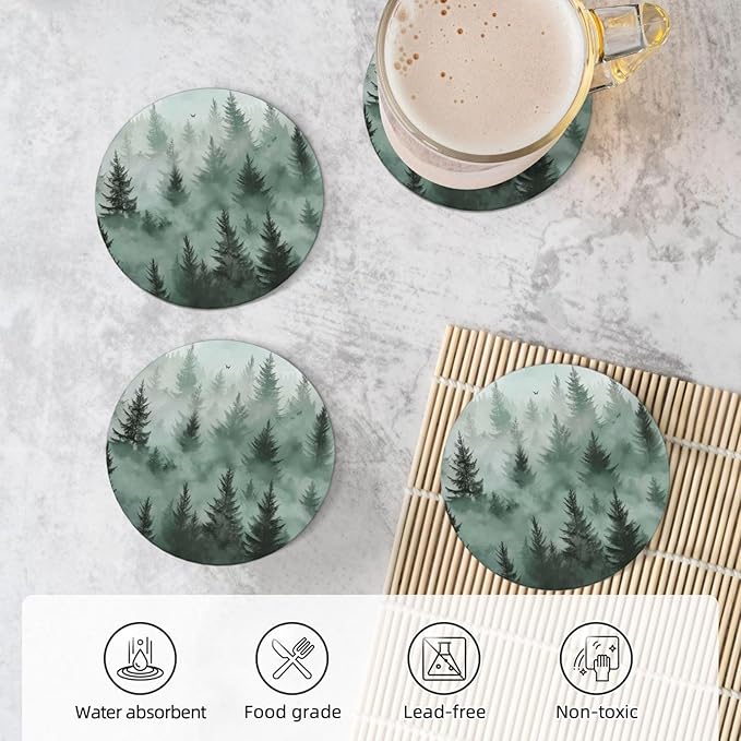 Green Tree Coasters for Drinks Spring Summer Winter Absorbent Ceramic Coaster Set of 4 for Coffee Table Cup Bar Desk Round Coasters Mat with Cork Base Seasonal Home Decors