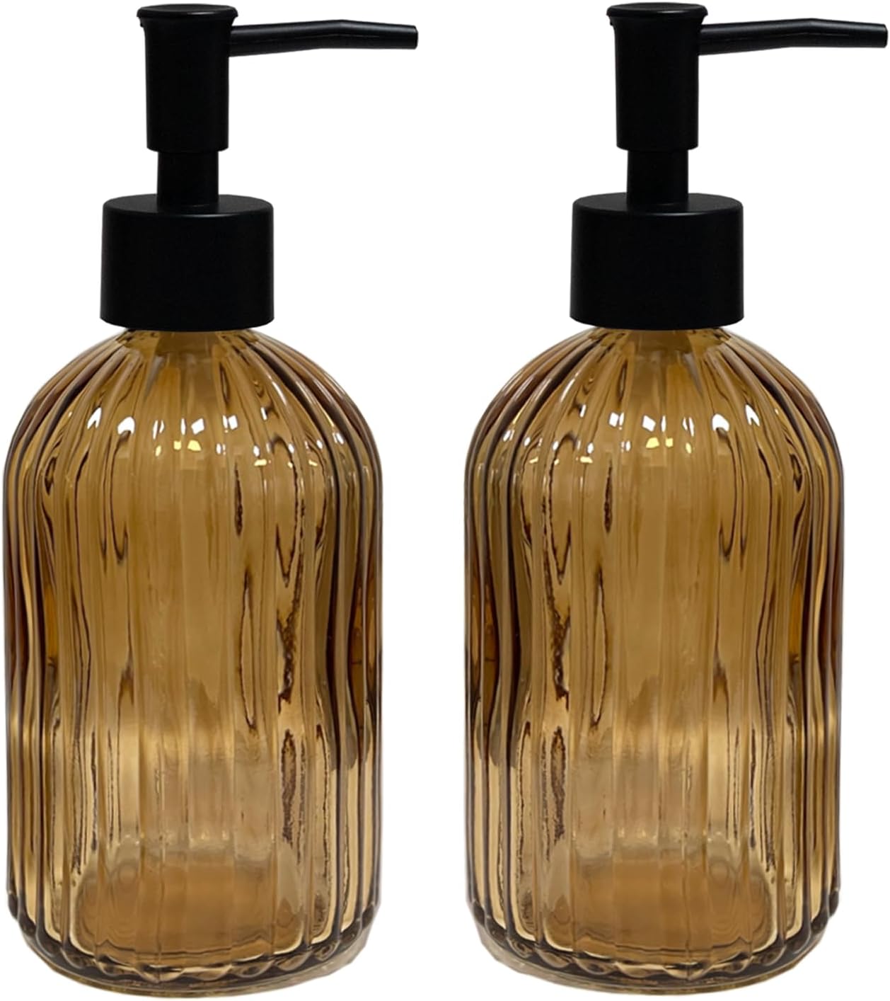 Brown Glass Soap Dispenser Set with Black Pump, 13.5oz Refillable Liquid Hand Dispenser, Vertical Stripe Lotion Dish Soap Dispenser for Modern Home Decor, Bathroom, Kitchen Countertop, Hotel(2 Pack)