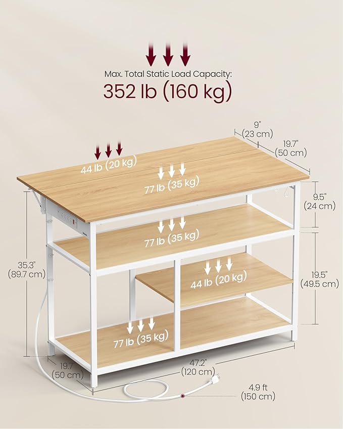 VASAGLE Kitchen Island with Drop Leaf, 47.2" Width Rolling Kitchen Cart with Power Strip, Extendable Worktop, Workbench,Pegboard, Adjustable Shelf, Golden Oak and Cloud White UKKI013Y01
