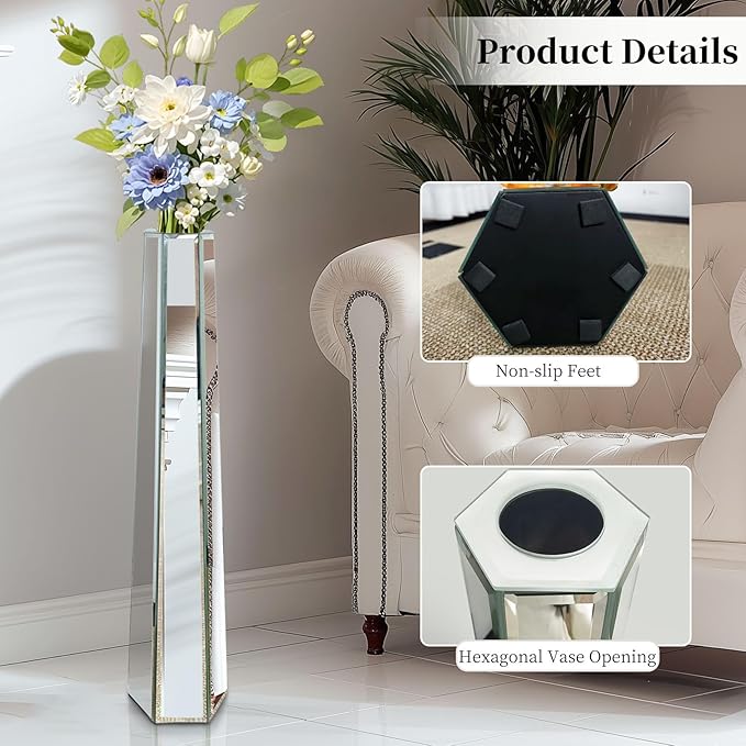 Tall Mirrored Floor Vase: 30.3 High Silver Mirror Vase with Hexagonal Shape, Large Floor-Standing Bling Decor for Living Room Wedding Centerpieces, Won't Hold Water